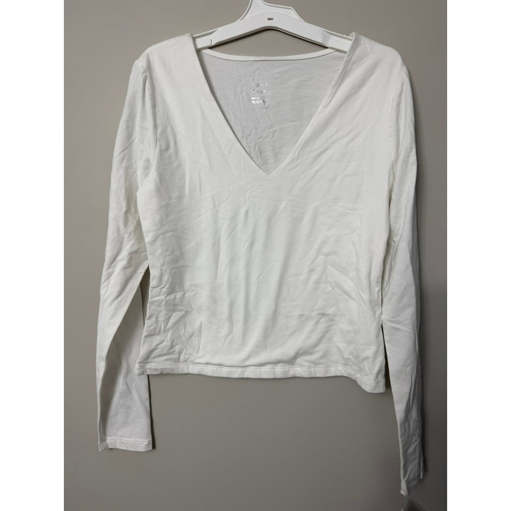 A New Day V-Neck Tee Women Small White Long Sleeve Basic NWT
